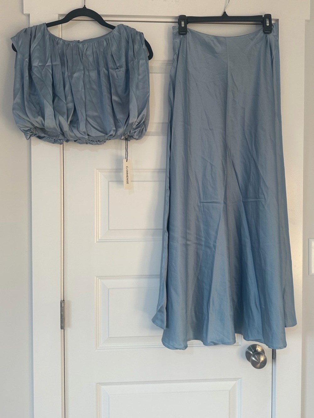 Commense Blue Satin Skirt Set with Ruched Top - Picture 3 of 5